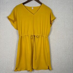 Blue Time Small Mustard Yellow V-Neck Drawstring Waist Mini Dress Flutter Sleeve